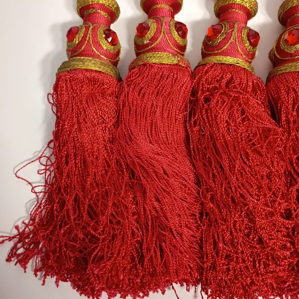 20 Red Gold Jeweled Tassels Christmas Ornaments, Curtain Tassels Bohemian Decor